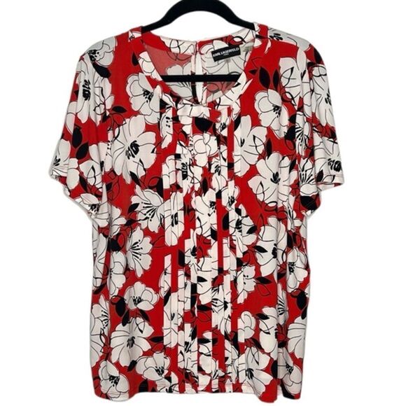 Karl Lagerfeld Short Sleeve Black Red White Floral Print Pleated Bow Front Top - Picture 2 of 5